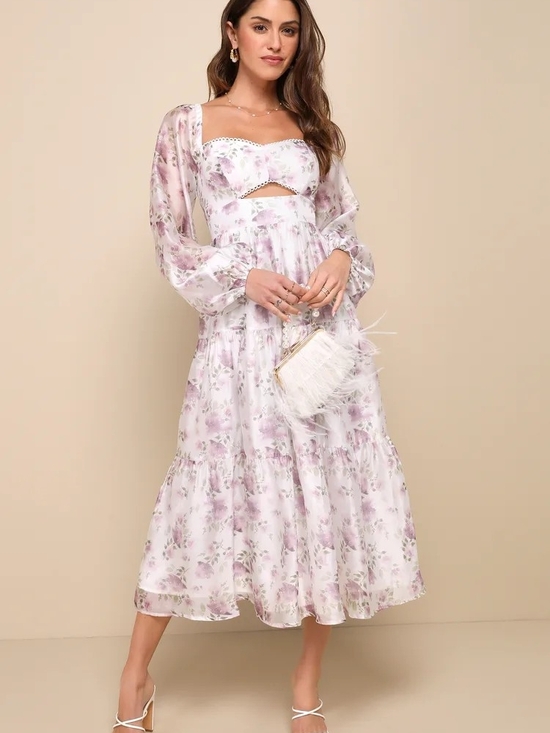Lulus Dresses & Skirts - Lulu's  Women's Size XL Lavender Floral Puff-Sleeve Midi Dress NWT